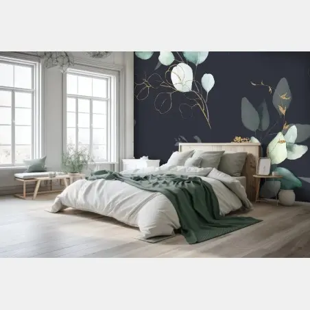 Papier peint motif eucalyptus doré sur fond anthracite – Wallnifity®