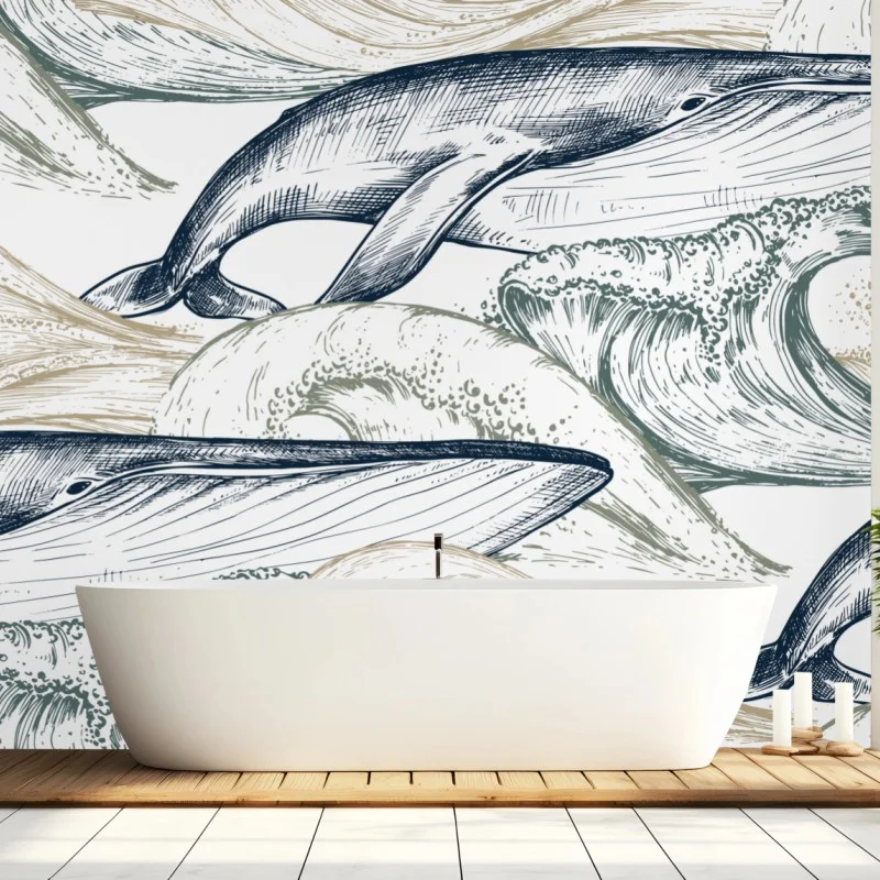Papier peint ballet de baleines et vagues en gravure marine – Wallnifity® Papier peint ballet de baleines et vagues en gravure marine – Wallnifity®
