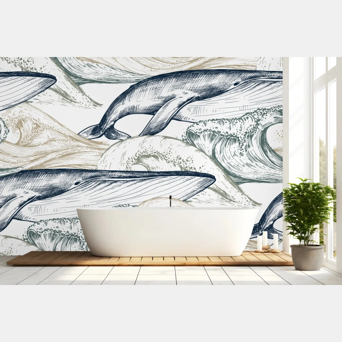 Papier peint ballet de baleines et vagues en gravure marine – Wallnifity® Papier peint ballet de baleines et vagues en gravure marine – Wallnifity®