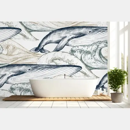 Papier peint ballet de baleines et vagues en gravure marine – Wallnifity®