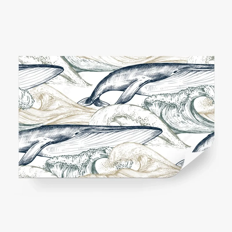 Papier peint ballet de baleines et vagues en gravure marine – Wallnifity® Papier peint ballet de baleines et vagues en gravure marine – Wallnifity®