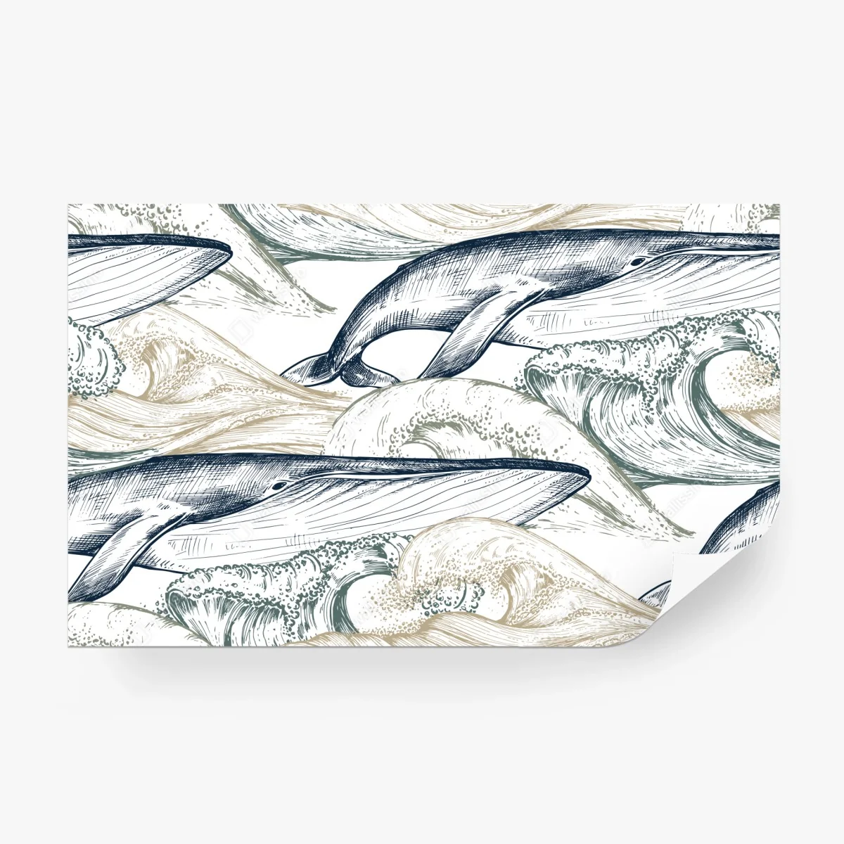 Papier peint ballet de baleines et vagues en gravure marine – Wallnifity® Papier peint ballet de baleines et vagues en gravure marine – Wallnifity®