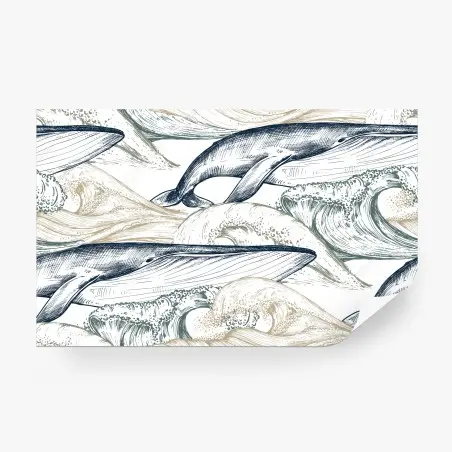 Papier peint ballet de baleines et vagues en gravure marine – Wallnifity®