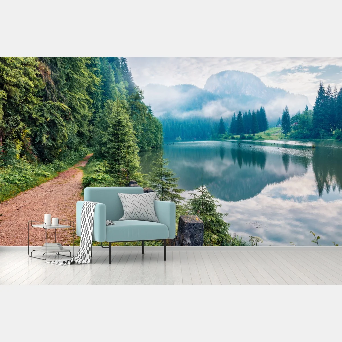 Papier peint brume matinale au bord du lac Lacu Rosu – Wallnifity® Papier peint brume matinale au bord du lac Lacu Rosu – Wallnifity®