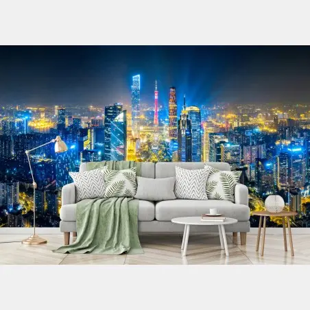Papier peint skyline nocturne de Guangzhou, quartier financier illuminé – Wallnifity®