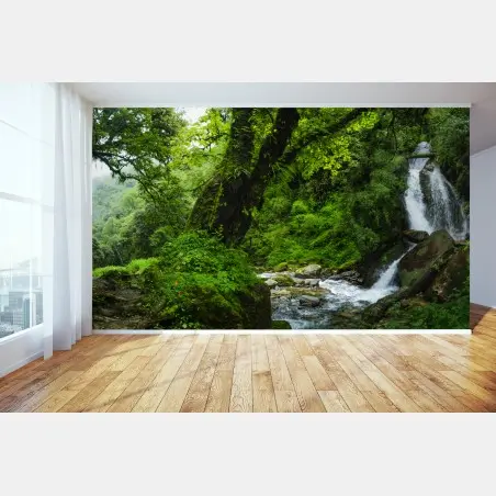 Papier peint cascade tranquille dans une forêt verdoyante – Wallnifity®