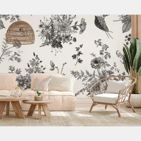 Papier peint motif floral automnal en noir et blanc – Wallnifity®