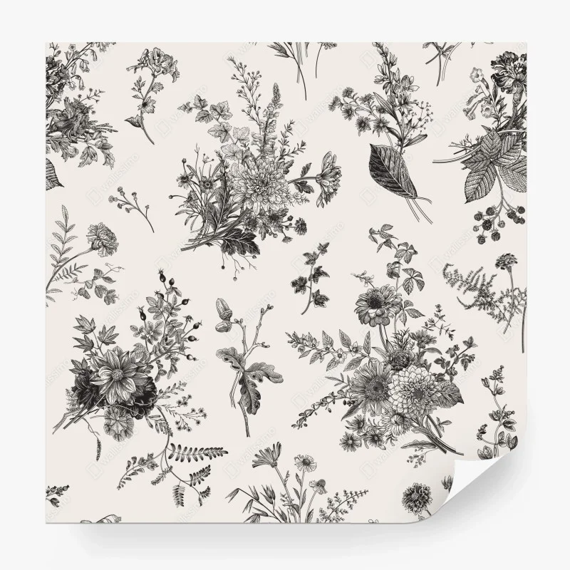 Papier peint motif floral automnal en noir et blanc – Wallnifity®