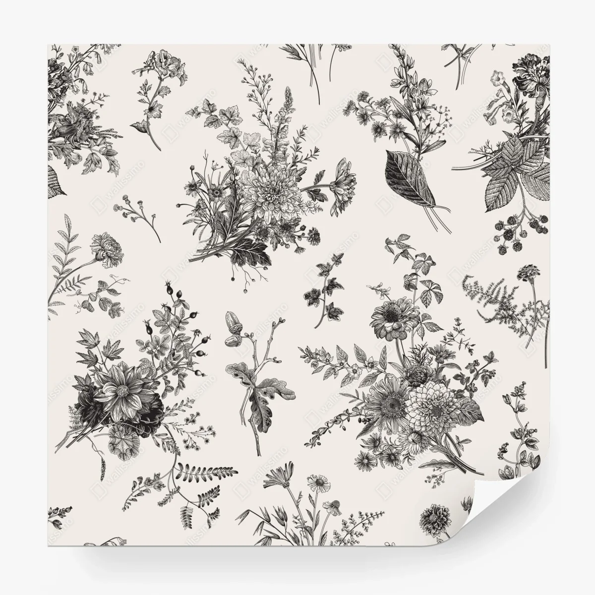 Papier peint motif floral automnal en noir et blanc – Wallnifity®