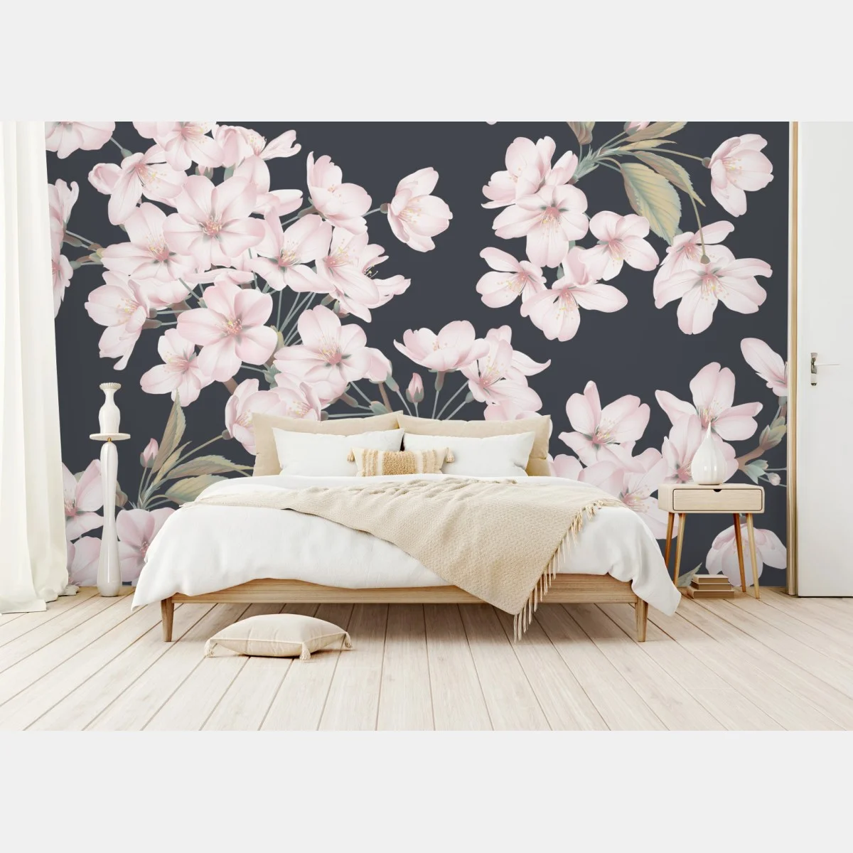 Papier peint motif de fleurs de cerisier délicates sur fond gris – Wallnifity® Papier peint motif de fleurs de cerisier délicates sur fond gris – Wallnifity®