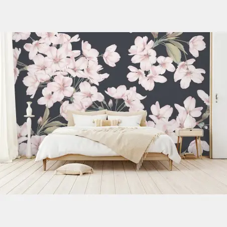 Papier peint motif de fleurs de cerisier délicates sur fond gris – Wallnifity®