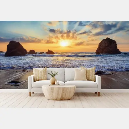 Papier peint coucher de soleil sur la côte rocheuse – Wallnifity®