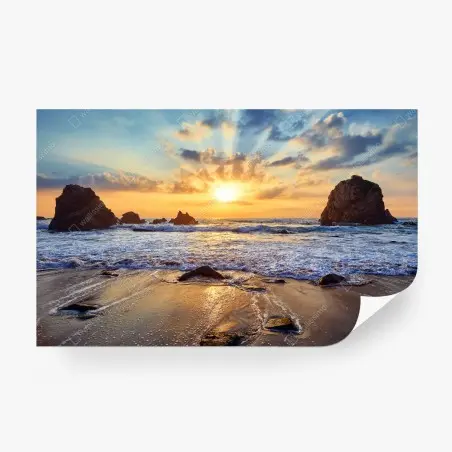 Papier peint coucher de soleil sur la côte rocheuse – Wallnifity®