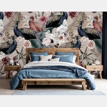 Papier peint parade de plumes et roses en aquarelle – Wallnifity®