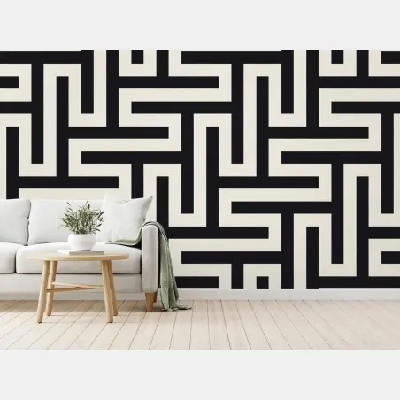 Papier peint motif labyrinthe géométrique noir et beige – Wallnifity®