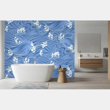 Papier peint motif de vagues stylisées bleu océan – Wallnifity®