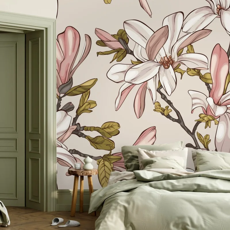 Papier peint motif magnolia élégant en teintes pastel – Wallnifity®