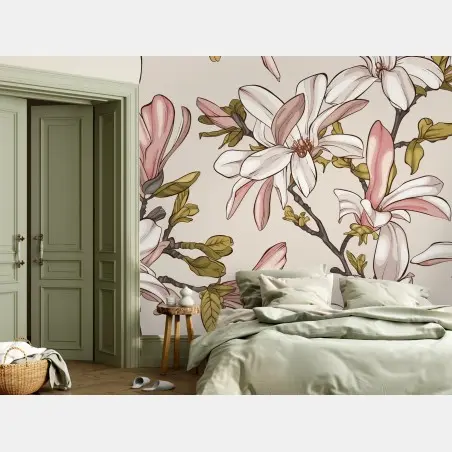 Papier peint motif magnolia élégant en teintes pastel – Wallnifity®