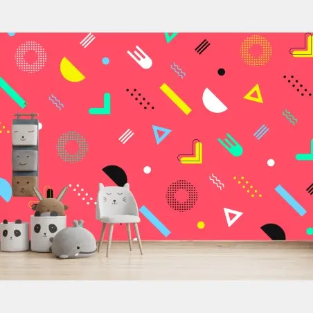 Papier peint motif géométrique rétro années 80 rose corail – Wallnifity®