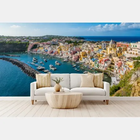 Papier peint panorama d'un village côtier coloré – Wallnifity®