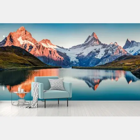 Papier peint panoramique alpin au coucher de soleil à Bachalpsee, Grindelwald – Wallnifity®
