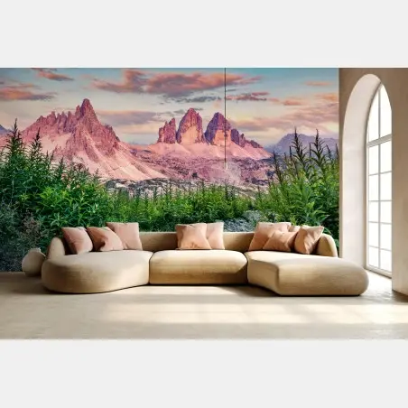 Papier peint panorama des Dolomites : Tre Cime di Lavaredo au coucher du soleil – Wallnifity®
