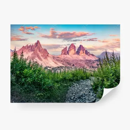 Papier peint panorama des Dolomites : Tre Cime di Lavaredo au coucher du soleil – Wallnifity®