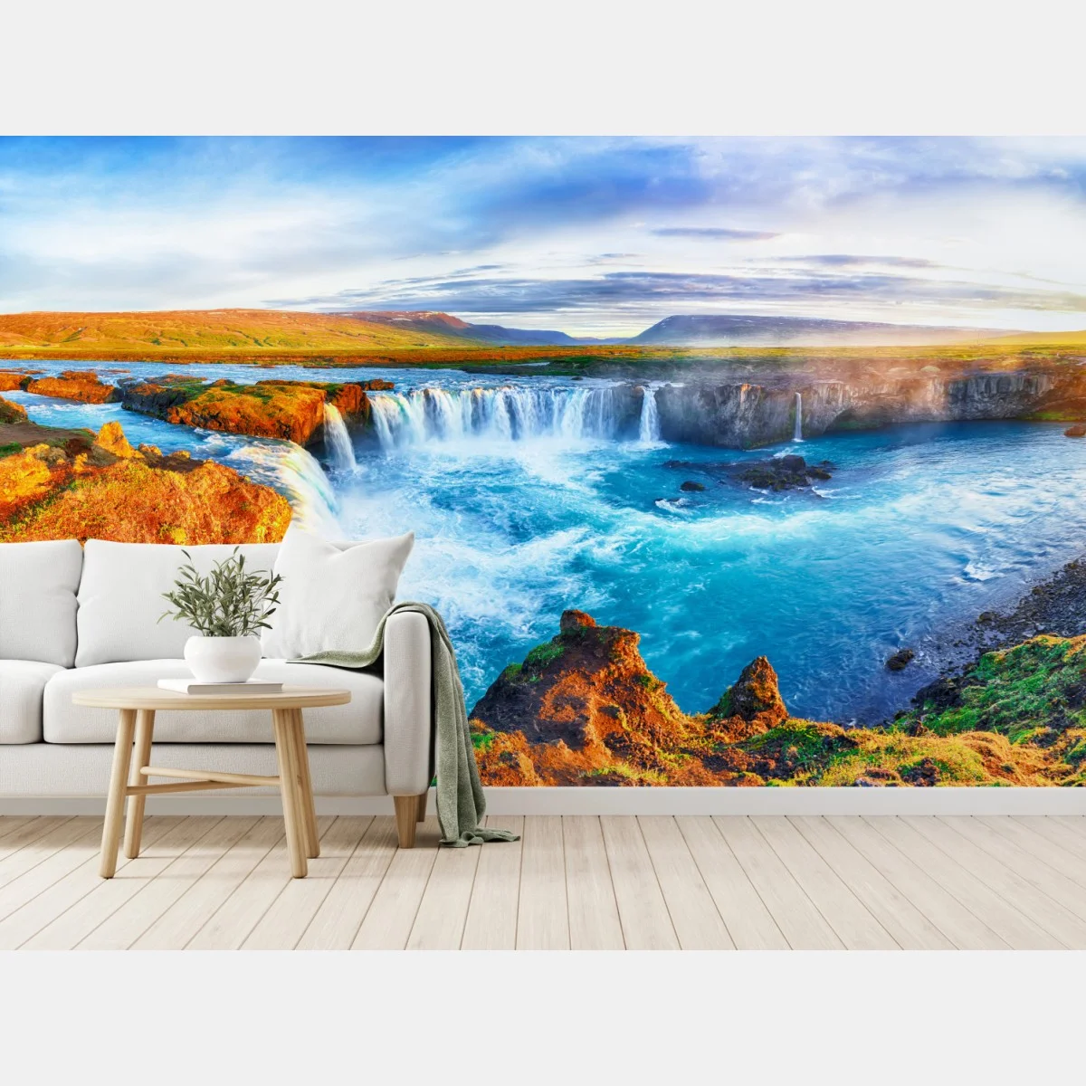 Papier peint lever de soleil sur Godafoss, panorama d'Islande – Wallnifity® Papier peint lever de soleil sur Godafoss, panorama d'Islande – Wallnifity®