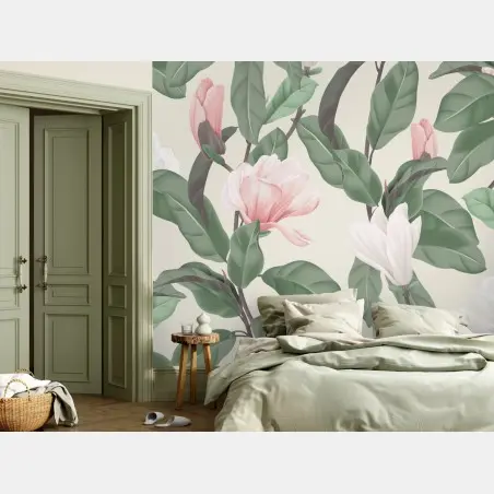Papier peint motif magnolia pastel sur fond beige – Wallnifity®