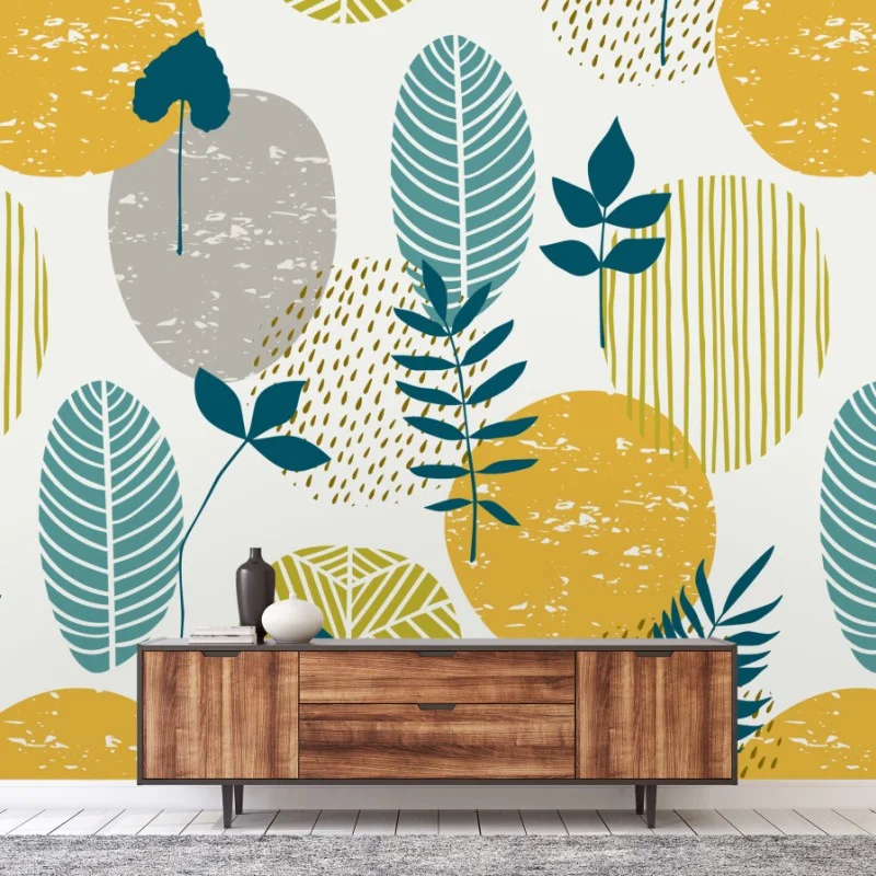 Papier peint motif botanique graphique aux cercles moutarde et sarcelle – Wallnifity® Papier peint motif botanique graphique aux cercles moutarde et sarcelle – Wallnifity®