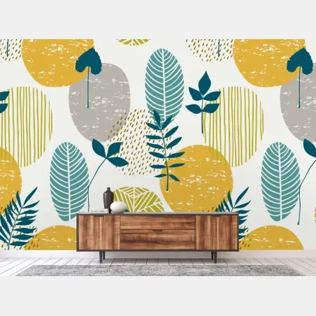 Papier peint motif botanique graphique aux cercles moutarde et sarcelle – Wallnifity®