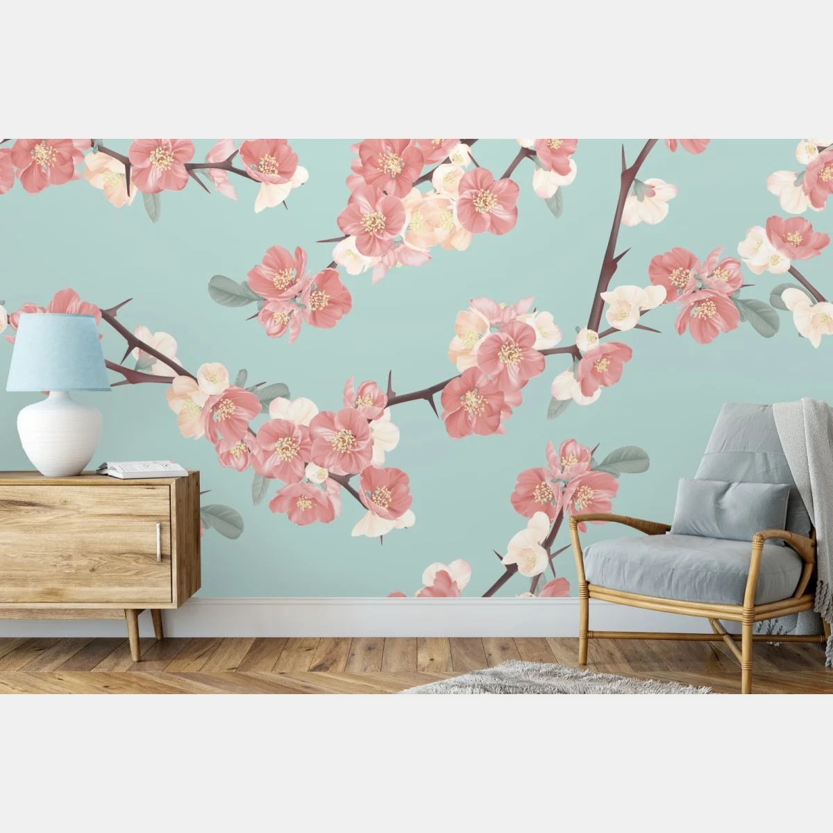 Papier peint motif floral délicat aux fleurs roses et fond turquoise – Wallnifity® Papier peint motif floral délicat aux fleurs roses et fond turquoise – Wallnifity®