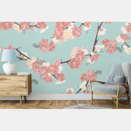 Papier peint motif floral délicat aux fleurs roses et fond turquoise – Wallnifity®