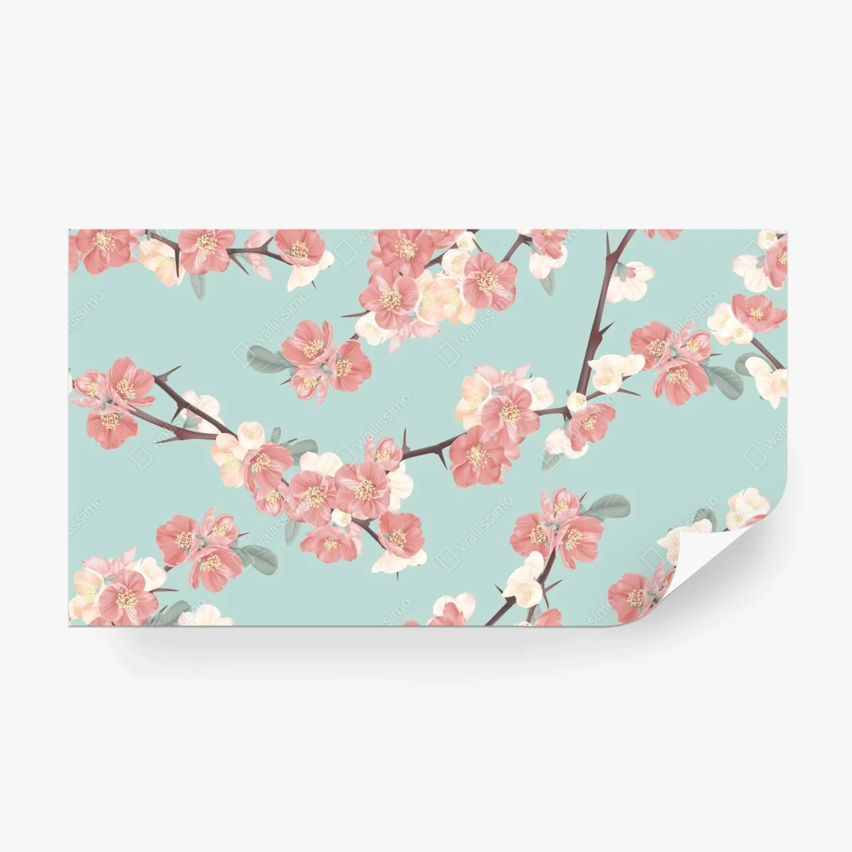 Papier peint motif floral délicat aux fleurs roses et fond turquoise – Wallnifity® Papier peint motif floral délicat aux fleurs roses et fond turquoise – Wallnifity®