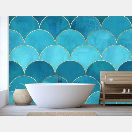 Papier peint motif d'écailles bleues avec liserés dorés – Wallnifity®