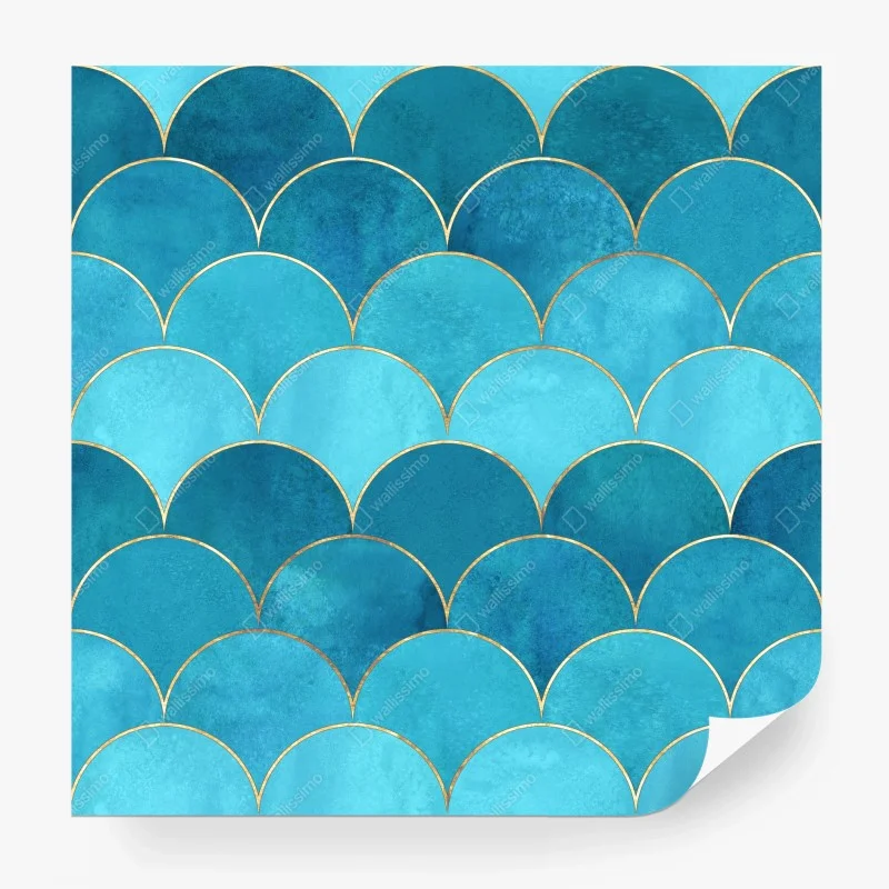 Papier peint motif d'écailles bleues avec liserés dorés – Wallnifity® Papier peint motif d'écailles bleues avec liserés dorés – Wallnifity®