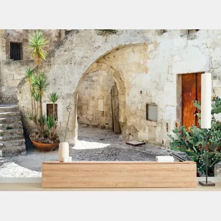 Papier peint ruelle en pierre méditerranéenne avec cactus – Wallnifity®