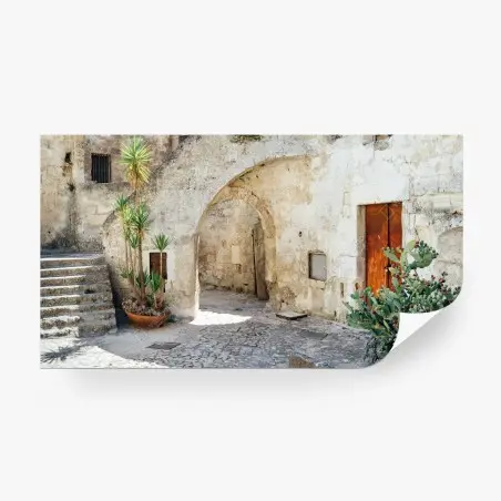 Papier peint ruelle en pierre méditerranéenne avec cactus – Wallnifity®