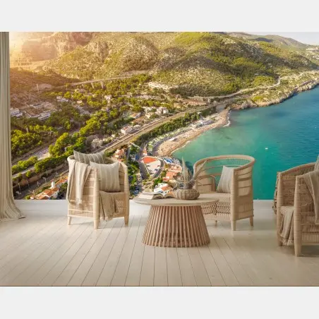 Papier peint village côtier et plage au bord de la mer turquoise – Wallnifity®