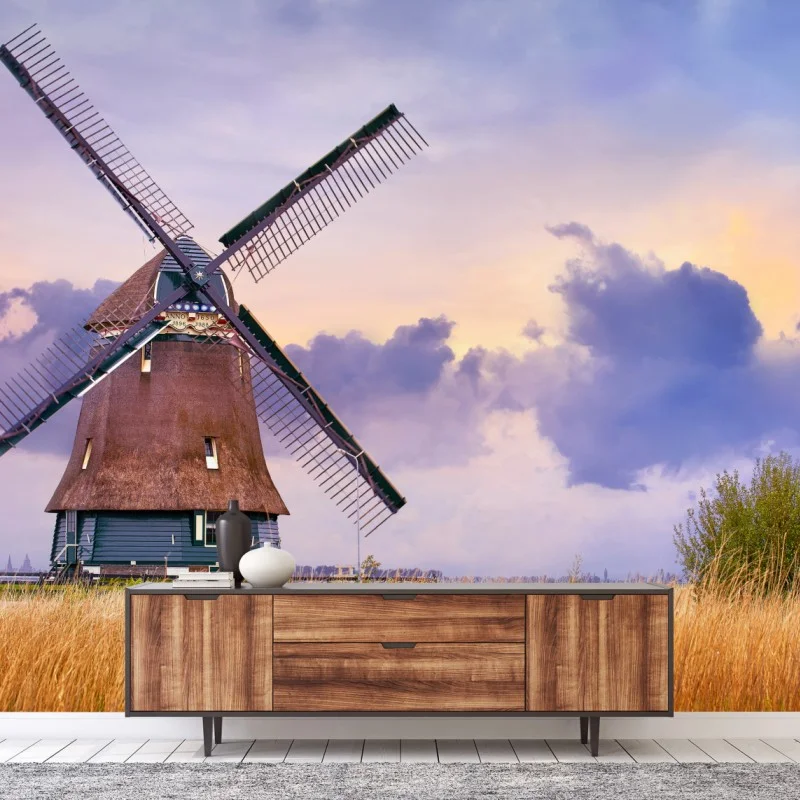 Papier peint moulin traditionnel des Pays-Bas au crépuscule – Wallnifity®