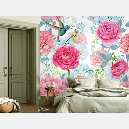 Papier peint motif floral aquarelle avec colibri et pivoines – Wallnifity®