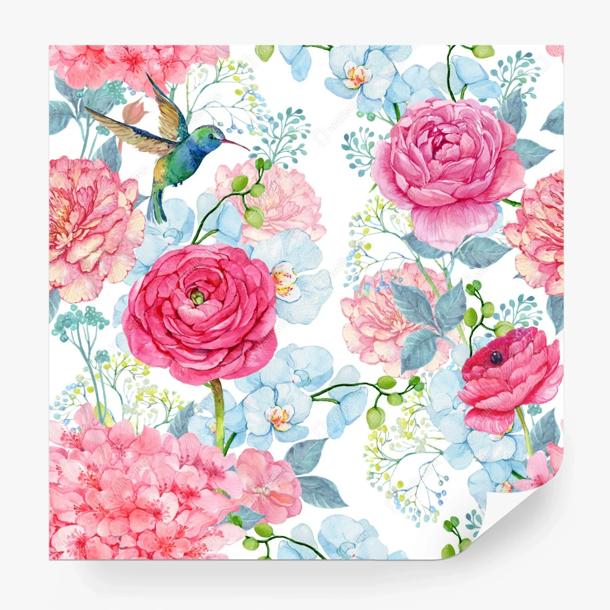 Papier peint motif floral aquarelle avec colibri et pivoines – Wallnifity® Papier peint motif floral aquarelle avec colibri et pivoines – Wallnifity®