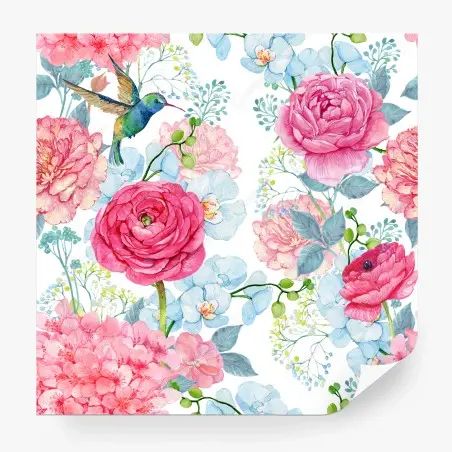 Papier peint motif floral aquarelle avec colibri et pivoines – Wallnifity®