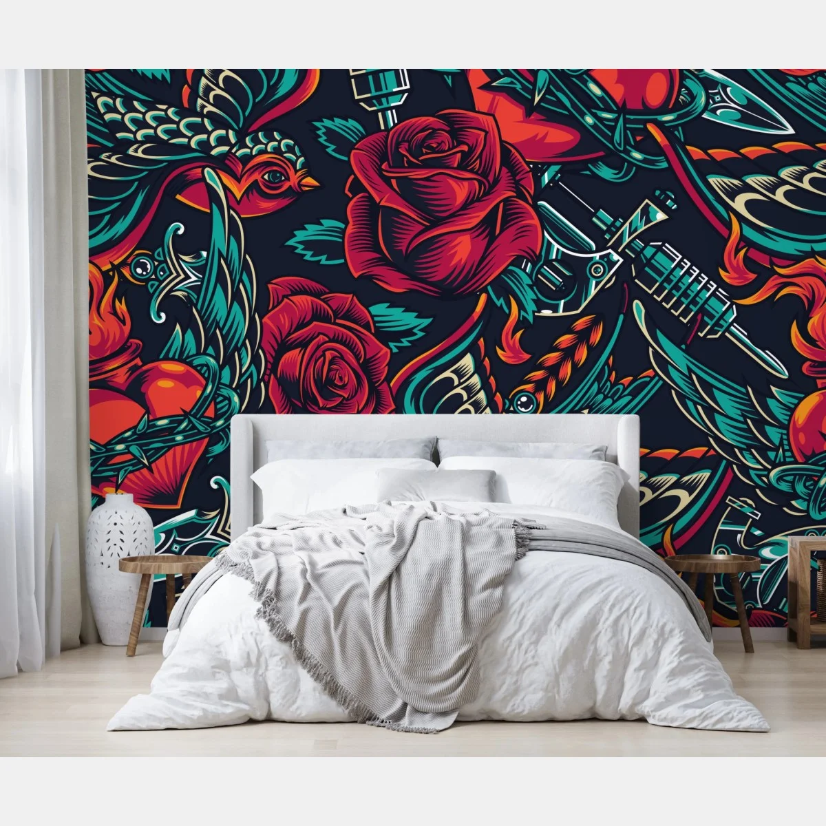 Papier peint motif rétro tatouage roses et hirondelles – Wallnifity® Papier peint motif rétro tatouage roses et hirondelles – Wallnifity®