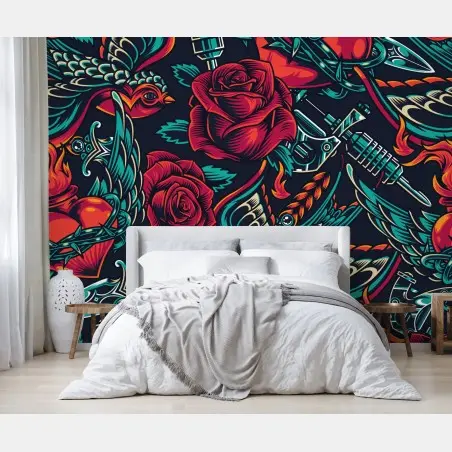 Papier peint motif rétro tatouage roses et hirondelles – Wallnifity®