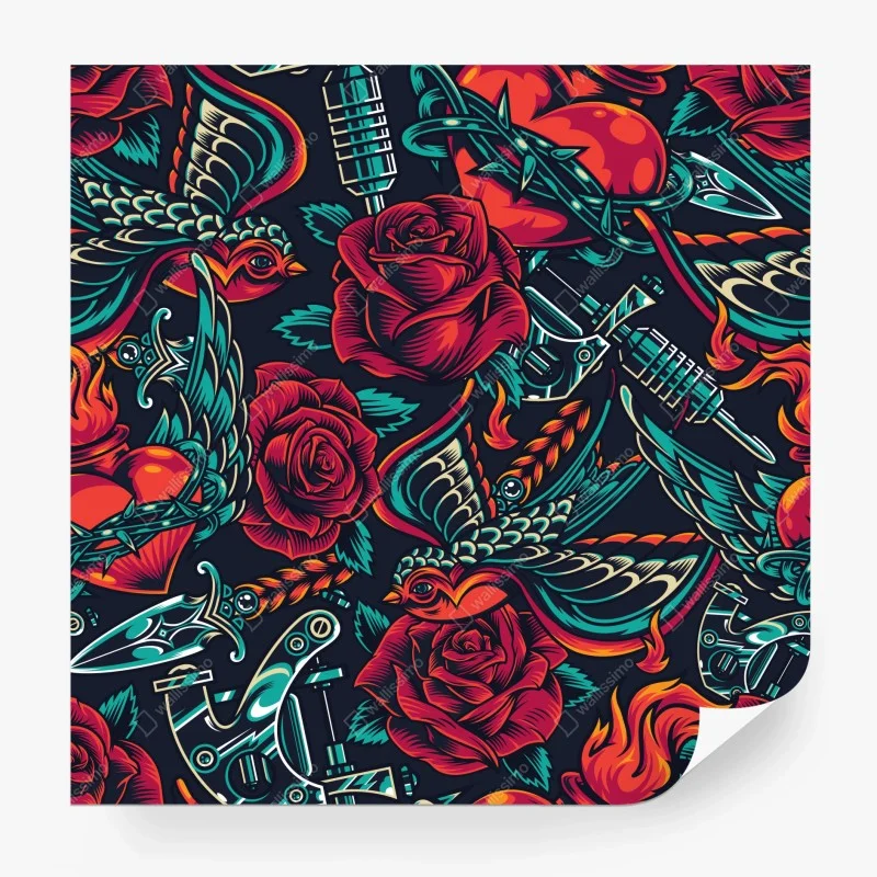 Papier peint motif rétro tatouage roses et hirondelles – Wallnifity® Papier peint motif rétro tatouage roses et hirondelles – Wallnifity®