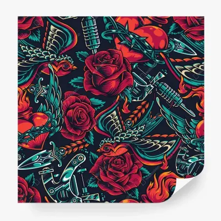 Papier peint motif rétro tatouage roses et hirondelles – Wallnifity®
