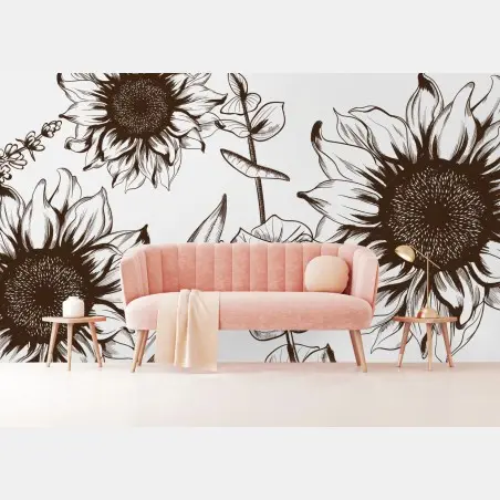 Papier peint composition botanique de tournesols au trait sépia – Wallnifity®