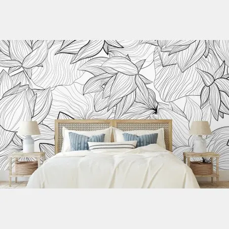 Papier peint motif floral linéaire noir et blanc – Wallnifity®