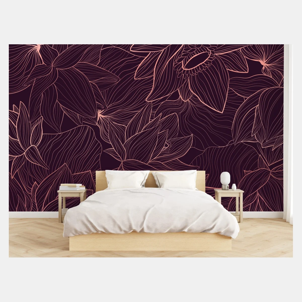 Papier peint motif floral linéaire rose doré sur fond bordeaux – Wallnifity® Papier peint motif floral linéaire rose doré sur fond bordeaux – Wallnifity®